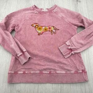 Mazik Pink‎ Washed Sweatshirt Dachshund Floral Patch Graphic Crew Neck  Top S